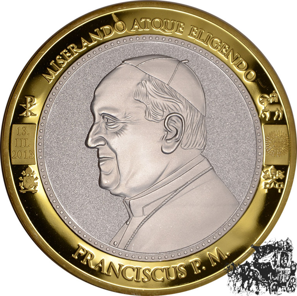 Vatikan Medaille - Papst Franziskus P. M. (13. III. 2013) versilbert und teilgoldet, mit Farbapplikation, PP. Vatikan Medaille - Papst Franziskus P. M. (13. III. 2013) versilbert und teilgoldet, mit Farbapplikation, PP.