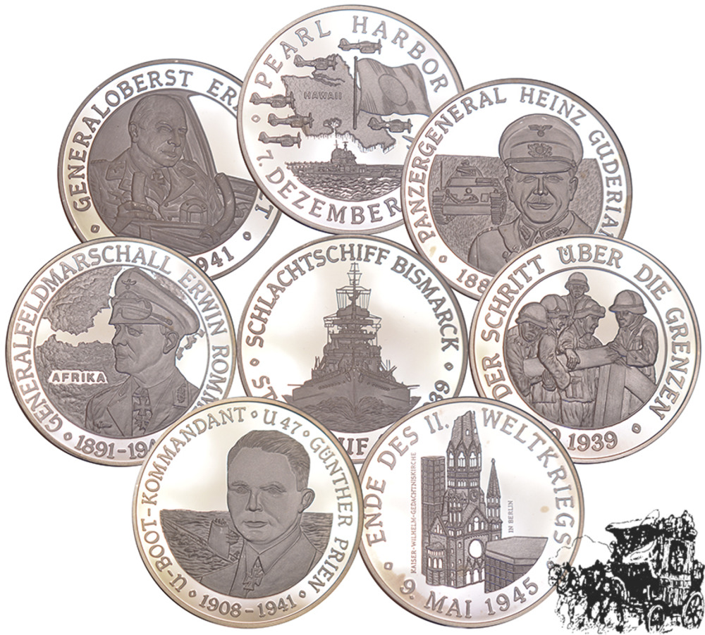 9 AG-Medaillen, 2. Weltkrieg in Dokumenten, PP - Set in Holzkassette, 999fein