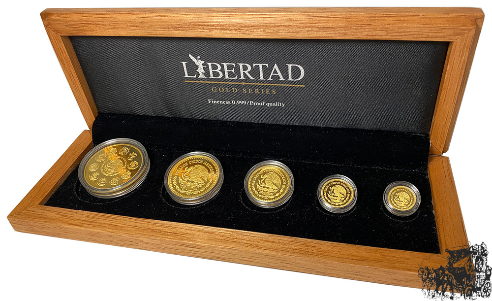 Gold-Set Mexiko 2007 - Libertad - 1 Oz, 1/2 Oz, 1/4 Oz, 1/10 Oz, 1/20 Oz - im Holzetui mit Zertifikat Gold-Set Mexiko 2007 - Libertad - 1 Oz, 1/2 Oz, 1/4 Oz, 1/10 Oz, 1/20 Oz - im Holzetui mit Zertifikat