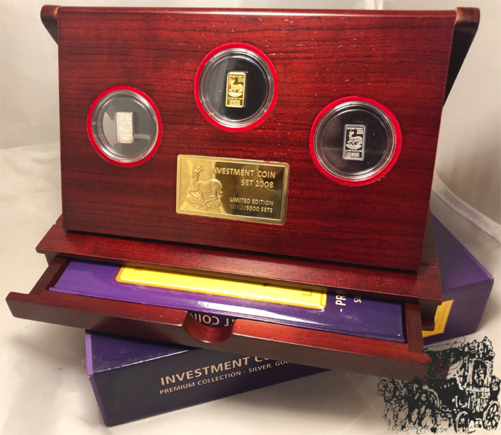 Investment coin Set 2008 - 3 x 1 Gr. Gold/Silber/Palladium - Holzbox und Beschreibung (Buch) Investment coin Set 2008 - 3 x 1 Gr. Gold/Silber/Palladium - Holzbox und Beschreibung (Buch)