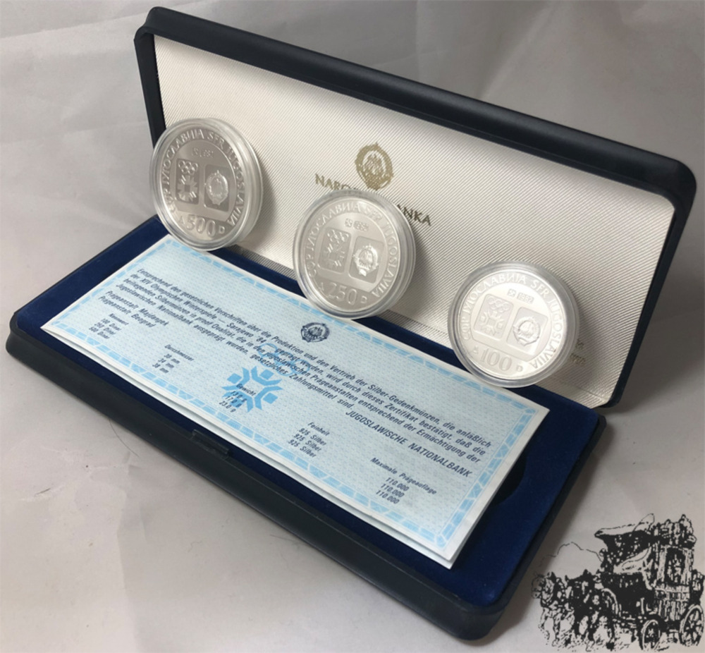 100, 250 und 500 Dinar 1982 - Sarajevo - Yugoslawien - im Etui mit Zertifikat 100, 250 und 500 Dinar 1982 - Sarajevo - Yugoslawien - im Etui mit Zertifikat