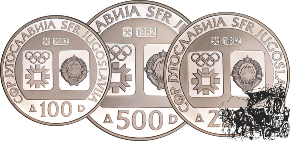 100, 250 und 500 Dinar 1982 - Sarajevo - Yugoslawien - im Etui mit Zertifikat 100, 250 und 500 Dinar 1982 - Sarajevo - Yugoslawien - im Etui mit Zertifikat