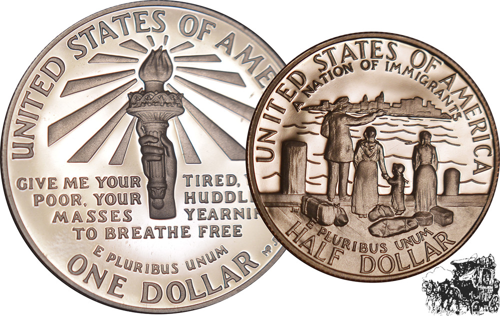 0,50 + 1 Dollar (AG) 1986 S - Ellis Island - Im Origninaletui mit Zertifikaten und Umkarton