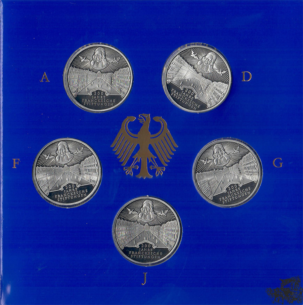 5 x 10 Mark 1998 ADFGJ - 300 Jahre Franckesche Stiftung, Silber-Sammlermünzenset