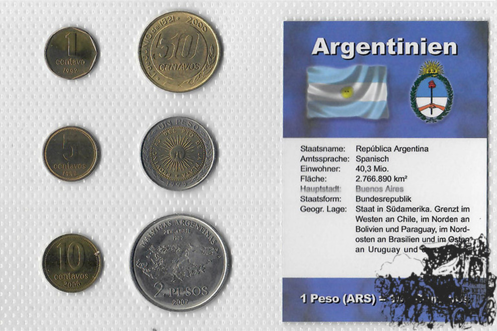 KMS - Argentinien, gemischter Jahrgang, Kursmünzensatz, 0,01 - 2 Pesos KMS - Argentinien, gemischter Jahrgang, Kursmünzensatz, 0,01 - 2 Pesos