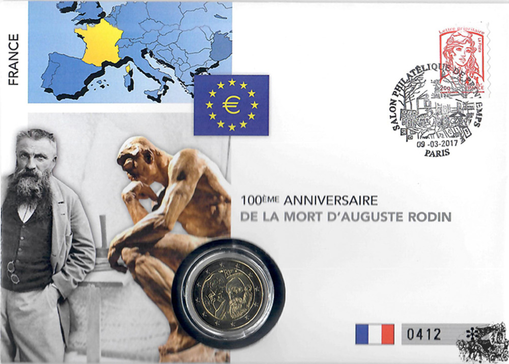 Numisbrief Frankreich - 100. Todestag Auguste Rodin, 2 Euro 2017, NUMIS COVER EDITION