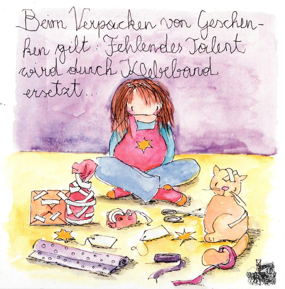 Beim Verpacken von Geschenken gilt: Fehlendes Talent wird durch Kelbeband ersetzt... - Kunstbillet von Michaela Mara